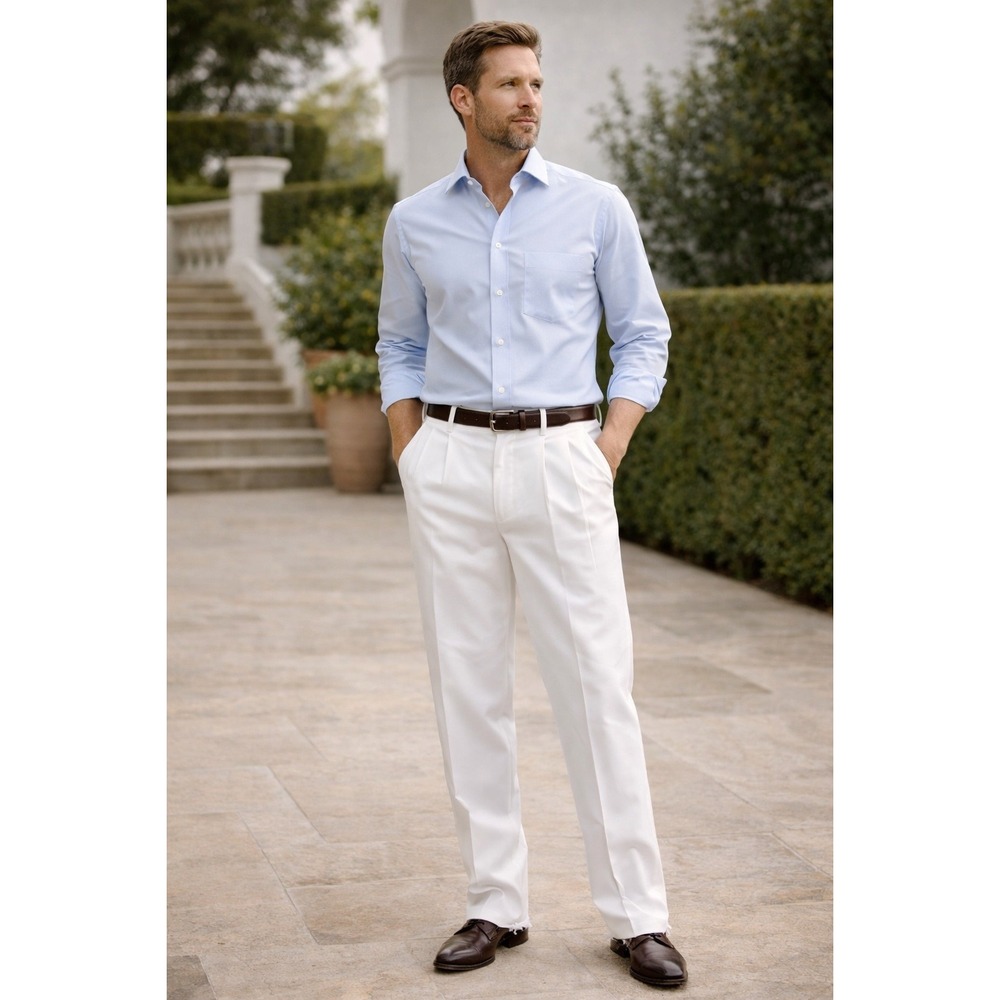 Mens White Dress Pants 42x37 Tailored Straight Leg High Rise Minimalist